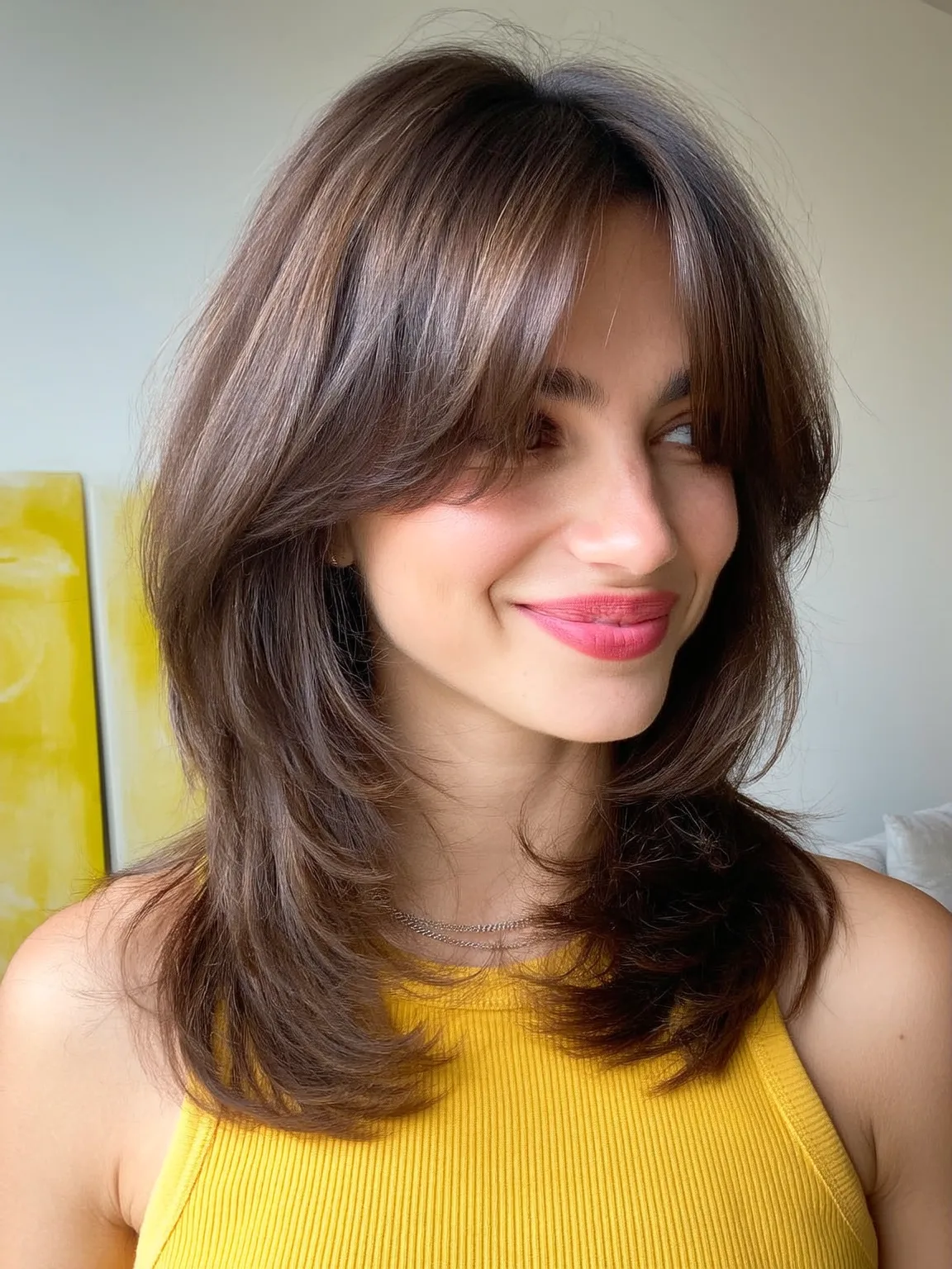 Textured Layered Shag with Curtain Bangs on Heart-Shaped Faces